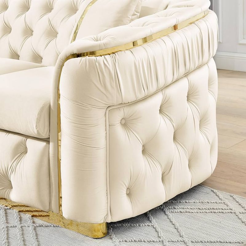 Photo 1 of **BOX 2 OF 2** KEIKI 85" Luxury Oversized Velvet Chesterfield Sofa with 2 Pillow & Gold Stainless Decoration, Italian Modern Style 3-Seater Button Tufted Couch with Rolled Arms, Easy Assembly, for Living Room, Beige