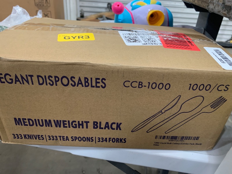 View 2 of 1,000 Plastic Disposable Cutlery Bulk Variety Pack Black Medium Weight Includes 334 forks, 333 knives, 333 soup spoons, Disposable Silverware Plastic Cutlery