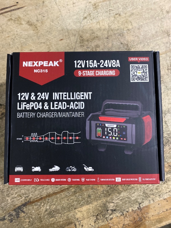 Photo 1 of **FOR PARTS/ NON-FUNCTIONAL** NEXPEAK 15A Battery Charger, Trickle Charger 12V/24V Car Battery Charger 9-Stage Smart LiFePO4 Charger Battery Maintainer w/Overcharge Protection Pulse Repair for Car Truck Motorcycle Lawn Mower