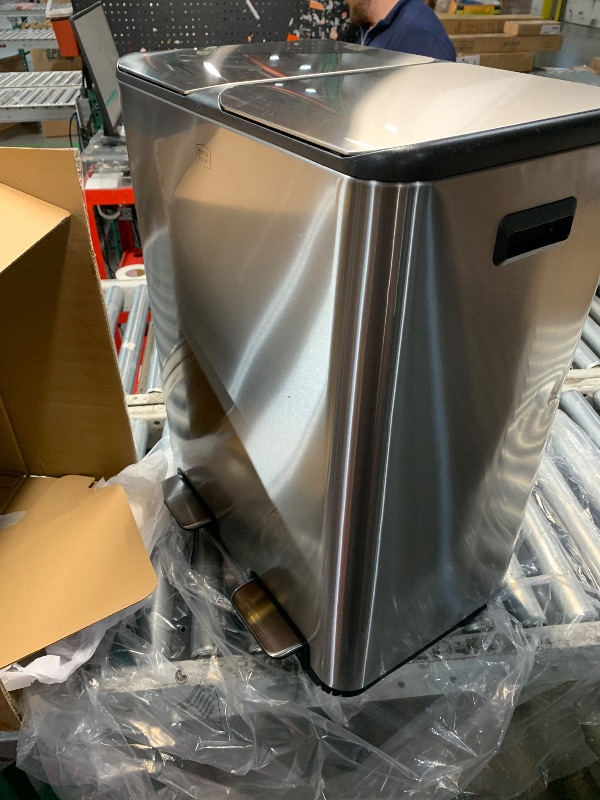 Photo 1 of ***DAMAGED - SEE NOTES/PICTURES*** Home Zone Living 16 Gallon Kitchen Trash Can with Dual Compartments for Recycling, Stainless Steel, Silver, 60 Liters Total