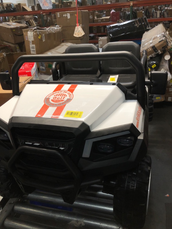 Photo 1 of ***MISSING PARTS***
MISSING STEERING WHEEL*****
2 Seater 12V Ride On Toy Truck Golf Cart for Big Kids w/Roof, Sun Shade, Storage Trunk, 2WD, Parent Remote Control, 3 Speeds, LED Lights, Bluetooth & Music (White, 12V)