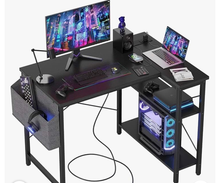 Photo 1 of
TIQLAB Small L Shaped Computer Gaming Corner Desk with Power Outlets, Reversible Shelves