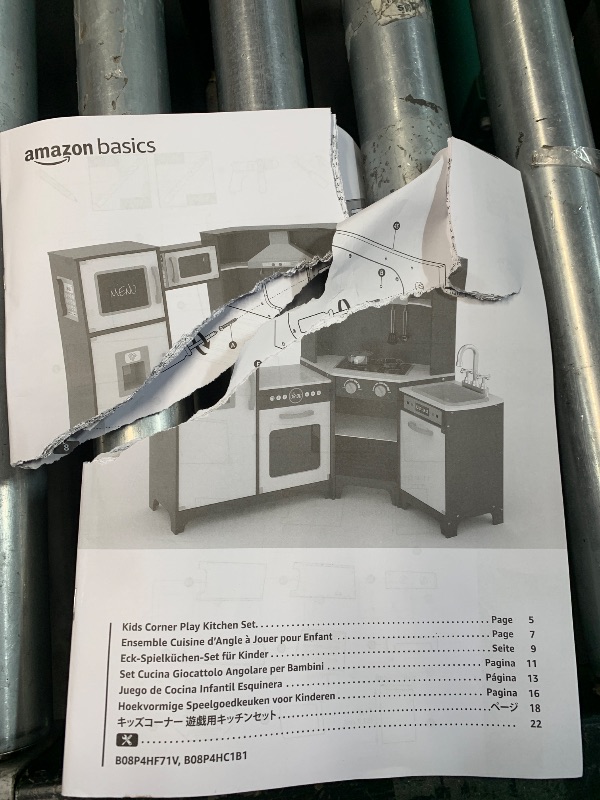 Photo 1 of ***DAMAGED - SEE NOTES/PICTURES***Amazon Basics Kids Corner Wooden Kitchen Toy Playset with Stove, Oven, Sink, Fridge and Accessories, for Toddlers, Preschoolers, Children Age 3+ Years, White & Gray, 39.37"L x 28.35"W x 35.04"H