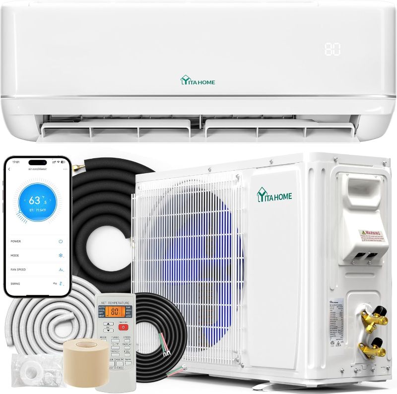 View 1 of (MISSING AIR HANDLER)***PARTS ONLY*** YITAHOME 18000 BTU Mini Split Air Conditioner Heat Pump System, WiFi Enabled 21 SEER2 208-230V Inverter Ductless AC Compatible with Alexa, Cool Up to 1250 Sq. Ft, Complete Installation Kit, 1.5 Ton