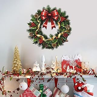 Photo 1 of ***PHOTO/REFERENCE ONLY***Christmas Wreath Wall Sticker,Peel and Stick Removable Pine Tree Branch Berry Ribbon Bow Christmas Wreath Decal for Door Wall Window Refrigerator New Year Party Decoration