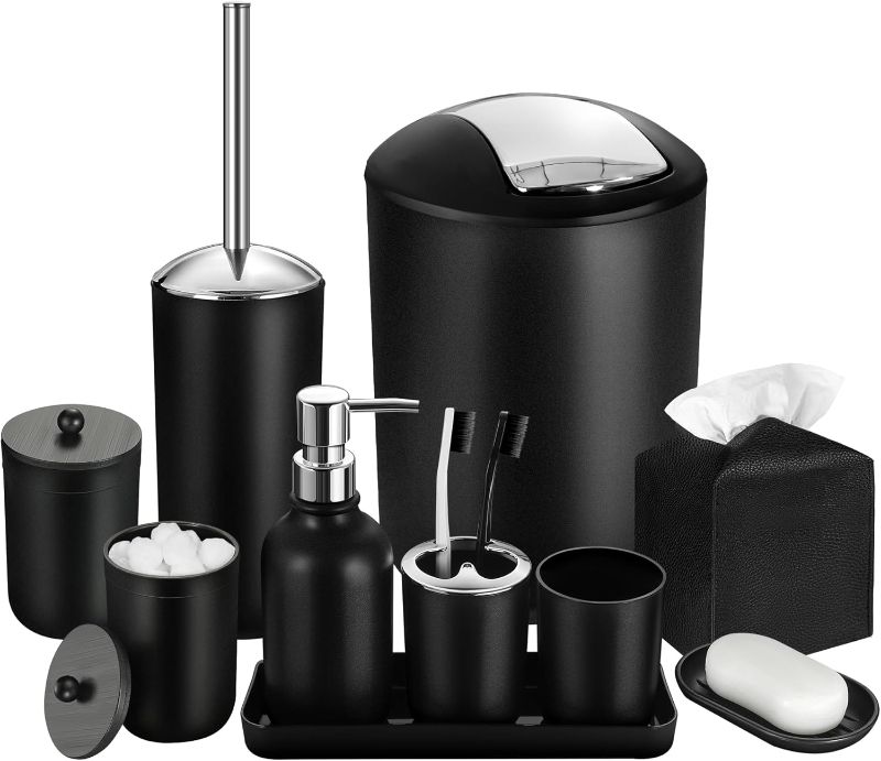 Photo 1 of ***MISSING PARTS***
ALPIRIRAL Black Bathroom Accessories Set, 10Pcs Bathroom Accessory Set with Trash Can, Soap Dispenser and Toothbrush Holder, Soap Dish, Cotton Ball & Qtip Holder, Toilet Brush Holder, Tissue Box Cover