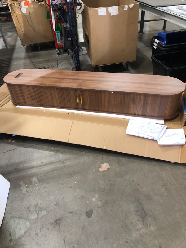 Photo 1 of **SEE NOTES** Merax Wooden Farmhouse TV Stand & Coffee Table Set with Charging Station,Oval Fluted Media Console with Sliding Doors for TVs up to 80", Mid-Century Center Table with Wood Legs for Living Room,Walnut