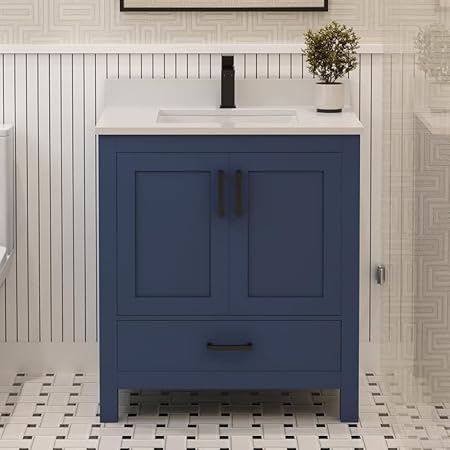 Photo 1 of ***PARTIAL SET**Ayna Decors Rooh 30 in Navy Blue Bathroom Vanity Set with White Quartz Countertop and Brass Faucet | Pop-Up Drain and P-Trap Included | Black Hardware