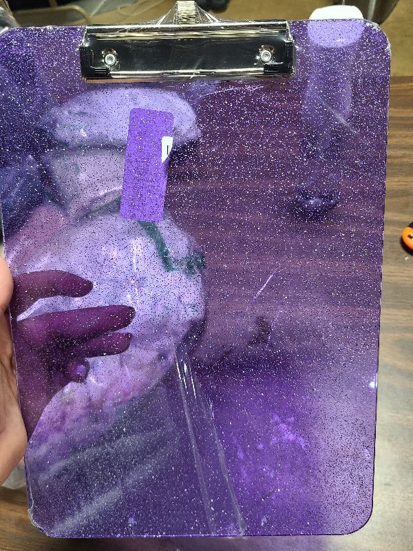 View 2 of 1 Pcs Clear Glitter Clipboards, Plastic Clipboard with Pen Holder,Size 8.85 x 12.4 in Shiny Clipboards with Low Profile Clip,Cute Hanging Clipboard for Office School Supplies Sparkly Clip board-Purple