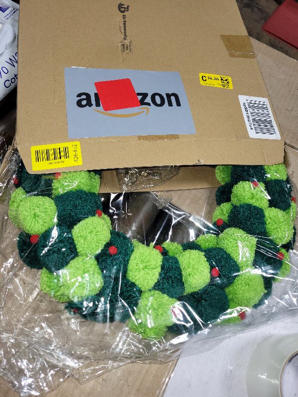 Photo 1 of 16 Inch Pompom Christmas Wreath with LED Lights, Large Lighted Christmas Door Wreath Hanging Decorations for Front Door Wall Window Xmas Winter Ornament(Red Bow)