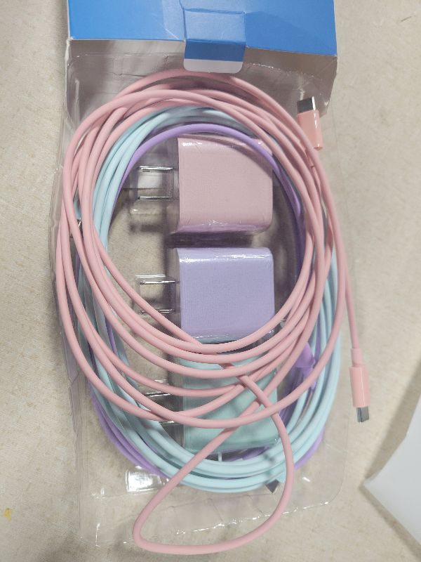 Photo 1 of 10FT Fast Charging Cable + 20W USB C Charger Block - Blue Green Pink