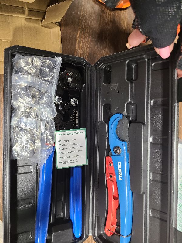 Photo 1 of 2 IN 1 Ratchet Pex Crimping Tool Cinch and Remove Combo Function Pex Pipe Crimp Tool from 3/8" to 1" Pex Crimper with Pex Cutter and Stainless Steel Pex Clamps 1/2" 25PCS, 3/4" 10PCS in Plastic Box