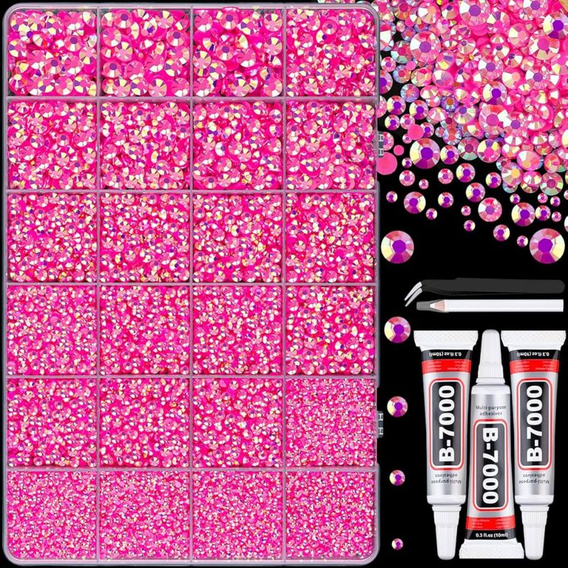 Photo 1 of 25000Pcs Resin Jelly Rhinestones with Tweezers for Crafting, Hot Pink AB Flatback Gems, Bedazzling Crystal with 3Pcs 10ml B7000 Jewelry Glue for DIY Crafts Clothing Tumblers Shoes Fabric Nail Art 