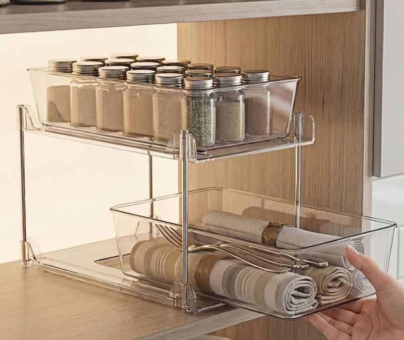Photo 1 of 1 Pack Bathroom Organizer,2 Tier Clear Under Sink Organizers Vanity Countertop Storage Container,Cabinet Drawers Bins, Pull-Out Organization with Track for Pantry, Kitchen