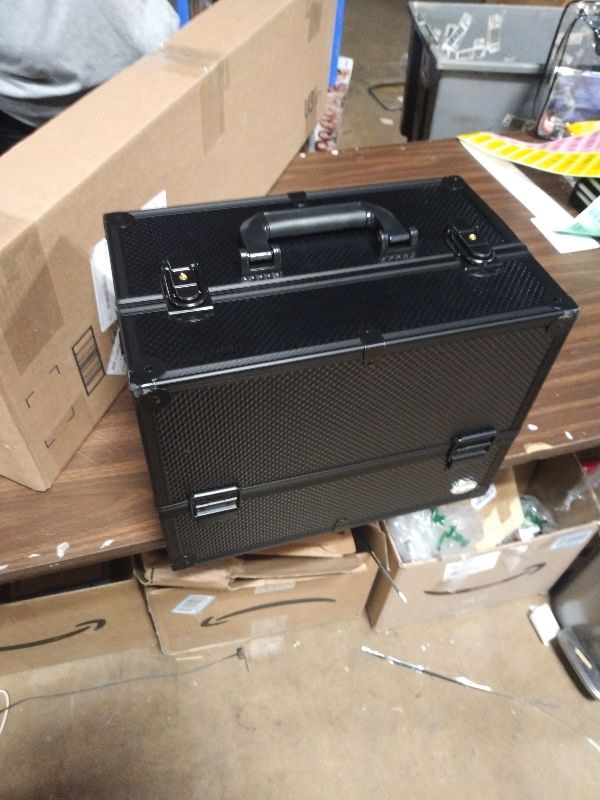 Photo 1 of  Joligrace Makeup Train Case Large 6 Tray Professional Organizer Box - Cosmetic Make Up Carrier with Lock & Key Carrying Strap for Studio Artist & Stylist Black Rhinestone 