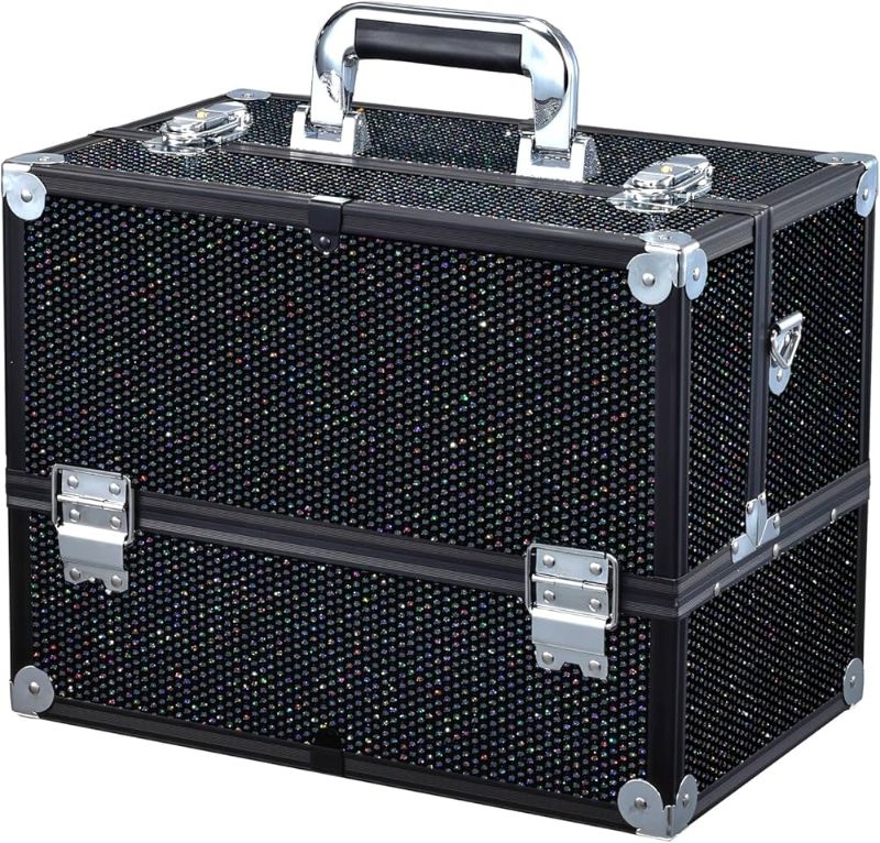 Photo 1 of  Joligrace Makeup Train Case Large 6 Tray Professional Organizer Box - Cosmetic Make Up Carrier with Lock & Key Carrying Strap for Studio Artist & Stylist Black Rhinestone 