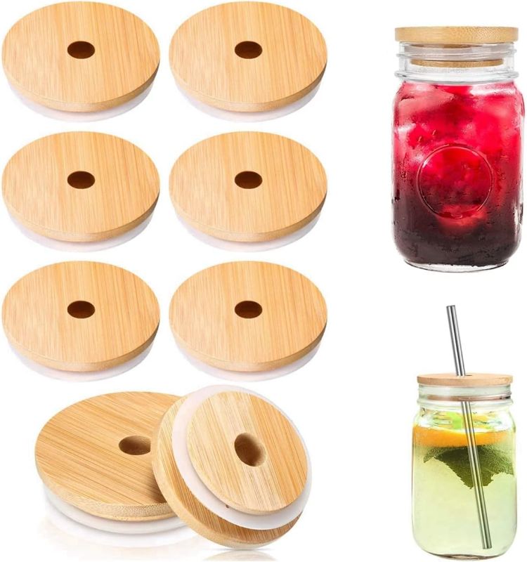 Photo 1 of **MSRP 15.99** 8 Pack Mason Bamboo Jar Lids with Straw Hole Reusable Bamboo Canning Jar Lids for Regular Mouth Mason Jar (70mm with Hole)