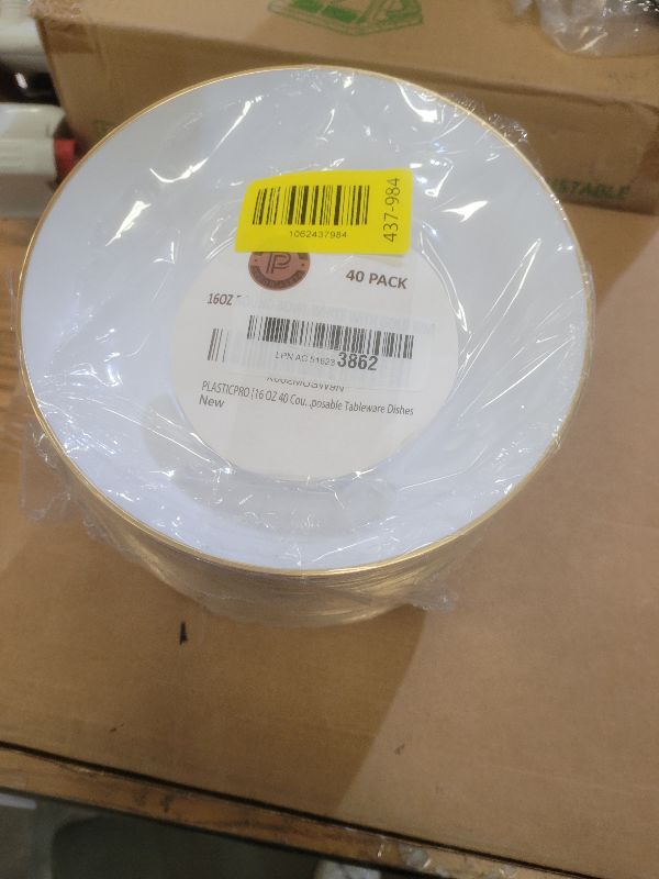 Photo 1 of [16 OZ 40 Count] White Plastic Floral Design Party Soup bowls With Gold Rim Premium heavyweight Elegant Disposable Tableware Dishes