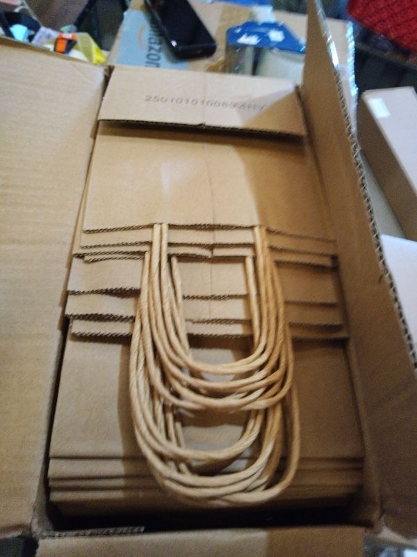 Photo 1 of 100 Pack 5.8x3.2x8.25 Inch Brown Kraft Paper Gift Bags with Handles - Bulk Small Plain Natural Bags for Birthday Party Favors, Grocery, Retail Shopping, Wedding, Craft, Goody, Takeouts, and Business