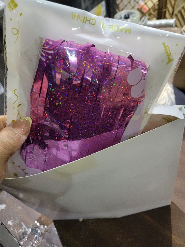 Photo 1 of 2 Pack Glitter Pink Backdrop, 3.28 FT x 7.05 FT Birthday Party Decorations, Laser Pink Fringe Curtains Foil Streamer Tinsel, Pink Curtains Photo Backdrop Happy Birthday Valentines Day Backdrop