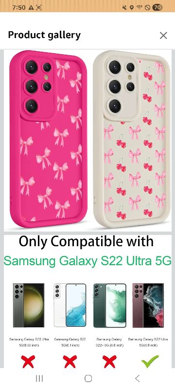 View 1 of 2 Pack Cute Coquette Bow Phone Case for Samsung Galaxy S22 Ultra 5G 6.8", Aesthetic Pink Cherry Ribbon Bowknot Pattern Print Design Women Girls Case Soft Slim Shockproof TPU Funda Cover