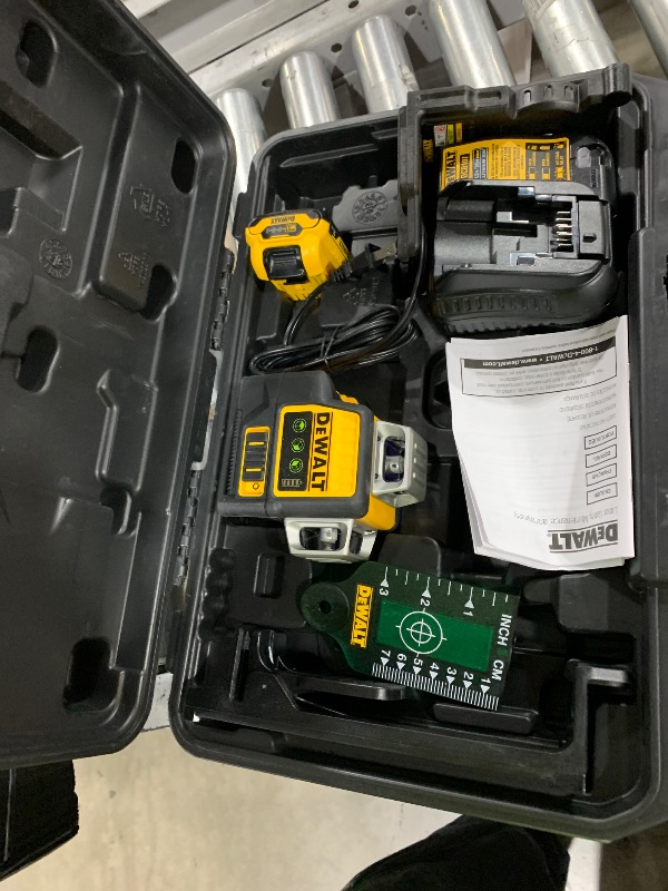 Photo 1 of DEWALT Laser Level 360 Self Leveling, 3 Way Green Laser Leveler Tool 12V MAX with 2.0Ah Battery, Charger and Durable Carrying Case, 100 Ft, Tripod Compatible (DW089LG)
