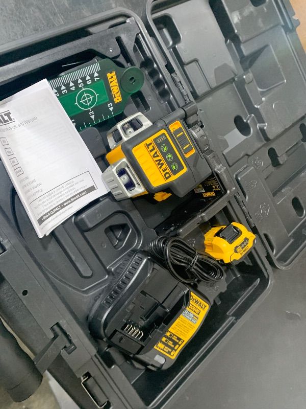 Photo 1 of DEWALT Laser Level 360 Self Leveling, 3 Way Green Laser Leveler Tool 12V MAX with 2.0Ah Battery, Charger and Durable Carrying Case, 100 Ft, Tripod Compatible (DW089LG)