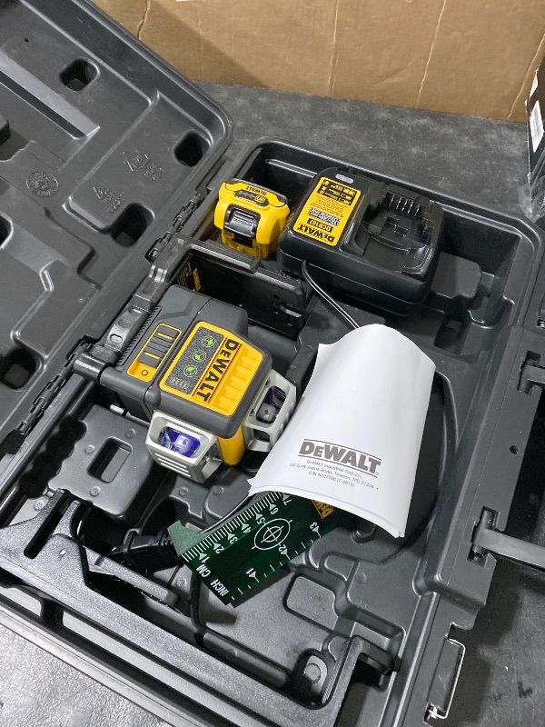 Photo 1 of DEWALT Laser Level 360 Self Leveling, 3 Way Green Laser Leveler Tool 12V MAX with 2.0Ah Battery, Charger and Durable Carrying Case, 100 Ft, Tripod Compatible (DW089LG)