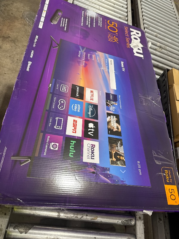 Photo 1 of **DAMAGED, SOLD FOR PARTs** Roku Smart TV 2025 – 50-Inch Select Series, 4K HDR TV – RokuTV with Enhanced Voice Remote – Flat Screen LED Television with Wi-Fi for Streaming Live Local News, Sports, Family Entertainment