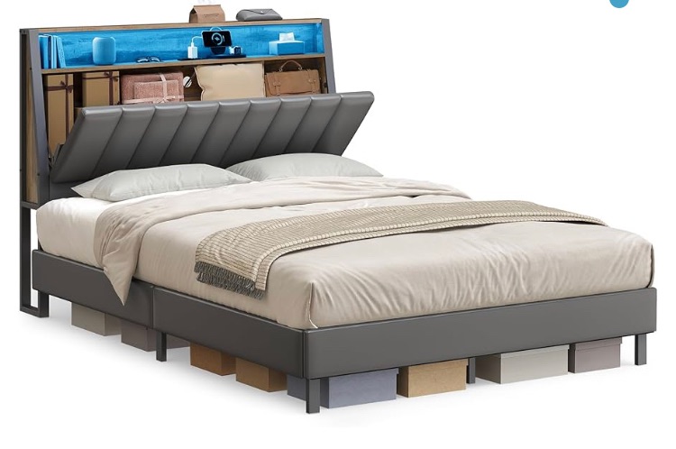 Photo 1 of VASAGLE LED Bed Frame Full Size, Storage Headboard and Charging Station, Full Bed Frame with 2 AC Outlets, 1 USB Port, 1 Type-C Port, No Box Spring Needed, Dove Gray and Camel Brown URMB842G01
