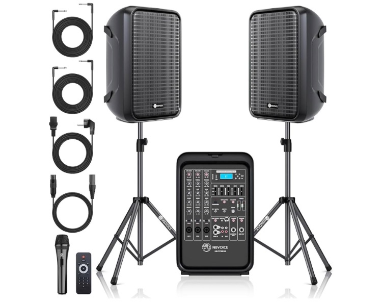 Photo 1 of NBVOICE Professional Portable All-in-One Integrated 2-Way PA System Fixed Setup, Suitcase Design w/ 8-Channel Mixer, 2 Speaker Stands, Bluetooth, Mic for Performances, Presentations