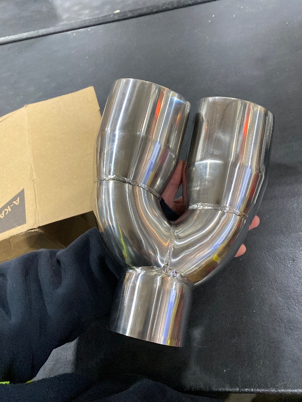 Photo 1 of A-KARCK Dual Exhaust Tip 3 Inch Inlet 4" Dual Outlet 12" Overall Length Polished Stainless Weld-On Duo Layer Angle Exhaust Tailpipe Tips for Car Truck (Left)
