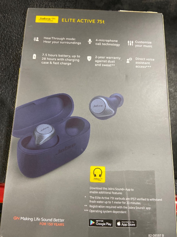 Photo 1 of Jabra Elite Active 75t True Wireless Bluetooth, Navy – Earbuds for Running and Sport, Charging Case Included, 24 Hour Battery, Active Noise Cancelling Earbuds