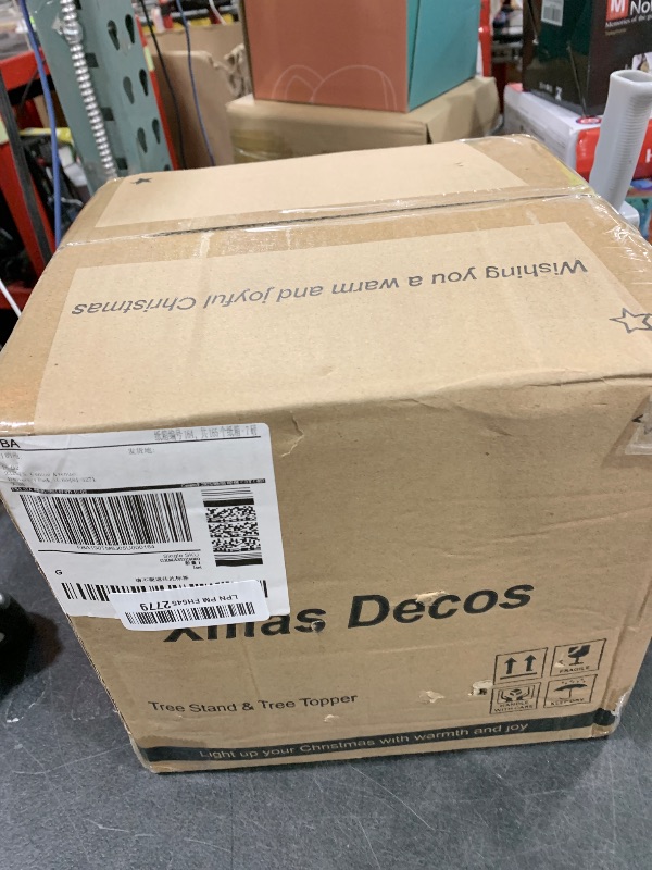 Photo 1 of 10FT Christmas Tree Stand for Real & Artificial Trees, 24" Base Holds up to 10 ft Live Trees & 3D Tree Topper with Timer, 20 Clear Lights & 8 Light Modes (Gold)