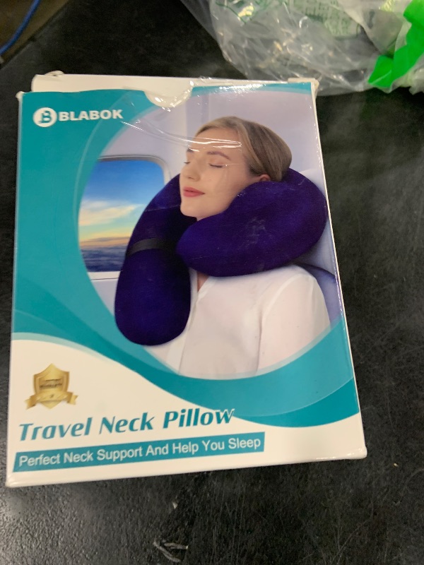 Photo 1 of Patented Design Inflatable Travel Neck Pillow – Airplane Neck Pillow with 360° Head & Neck Support, Soft Washable Velvet Cover, Compact Neck Support Pillow for Airplane,Train,Car,Office & Home (Blue)