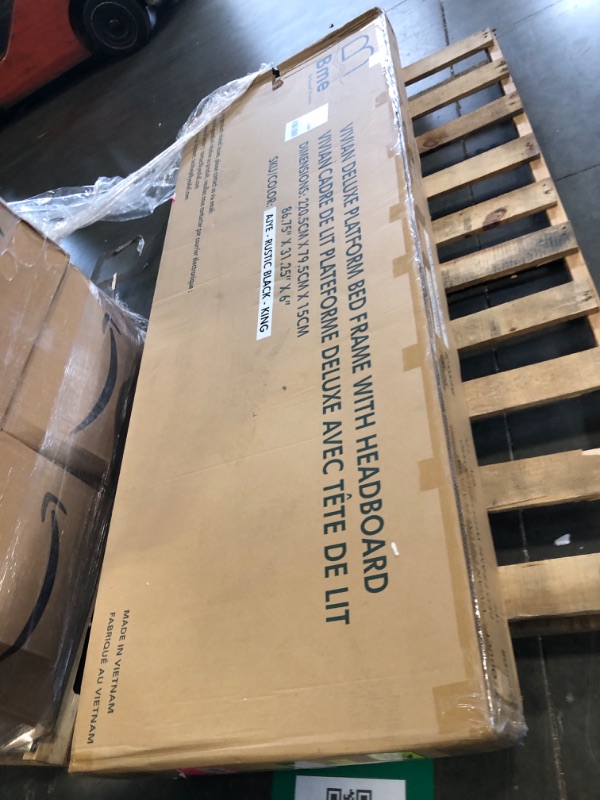 Photo 1 of  FACTORY SEALED *** Bme Vivian 14 Inch Deluxe Bed Frame with Headboard, Rustic & Scandinavian Style with Solid Acacia Wood, No Box Spring Needed, 12 Strong Wood Slat Support, Easy Assembly, King, Rustic Black