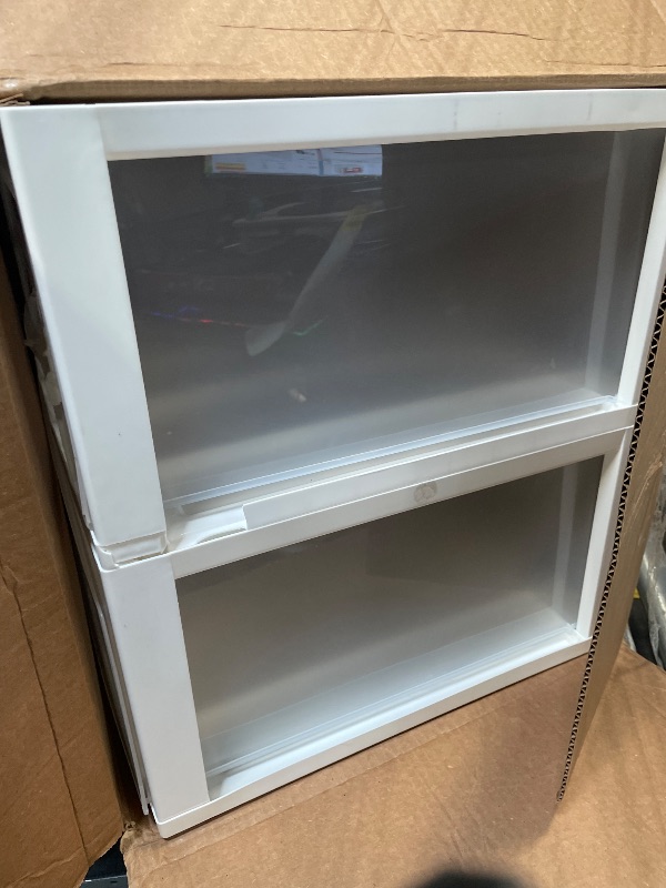 Photo 1 of ***DAMAGED*** IRIS USA 47 Qt. Extra-Large Stackable Storage Drawer Plastic Drawer Organizer with Clear Doors, for Pantry Bedroom Closet Kitchen Under-Sink Home and Office De-Clutter Shoes and Crafts, White, 2-Pack