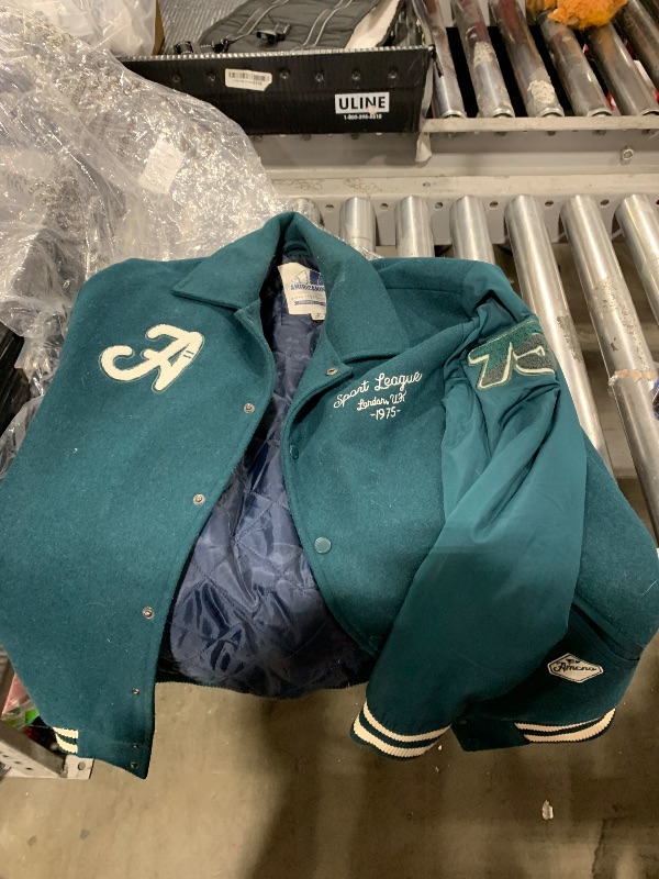 Photo 1 of  Men's Mixed Media Letterman Varsity Jacket, Navy/White Logo, Small