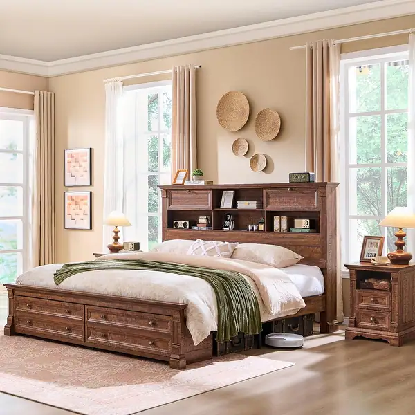 Photo 1 of (INCOMPLETE SET) Farmhouse King Size Bed Frame with 54" Tall Storage Bookcase Headboard