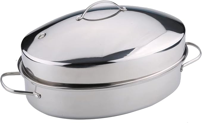 Photo 1 of Large Turkey Roaster with Rack and Lid Stainless Steel Lasagna Pan Fish Steamer for Ham Chicken Meat Roasts Casseroles & Vegetables, Induction Safe (Extra large)