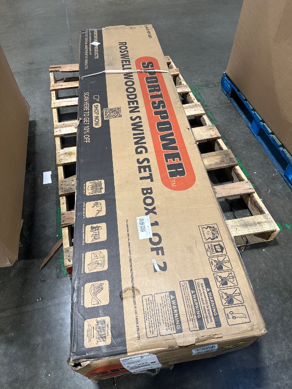 Photo 1 of ****THE SET IS NOT COMPLETE / MISSING PIECES AND IT IS UNKNOWN WHICH PART OF THE SET IS MISSING.*******
Sportspower Roswell Wooden Swing Set: Play Fort, Bench with Table, Sandbox, Trapeze, and 8' Slide - Black, Green and White