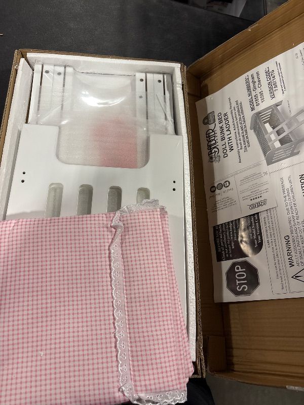 Photo 1 of **MISSING LADDER**LIKE NEW**
Badger Basket Doll Bunk Bed with Bedding & Ladder - Two Level Wooden Bed for Dolls, Includes Bedding & Accessories- White/Pink Gingham