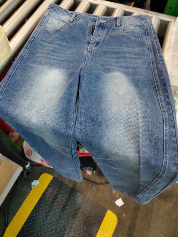 Photo 1 of **MISSING BUTTON**
KT Women's Barrel Jeans Wide Leg Mid Rise Denim Ankle Pants Y2k Baggy Boyfriend Jeans with Pockets (Large,Navy)