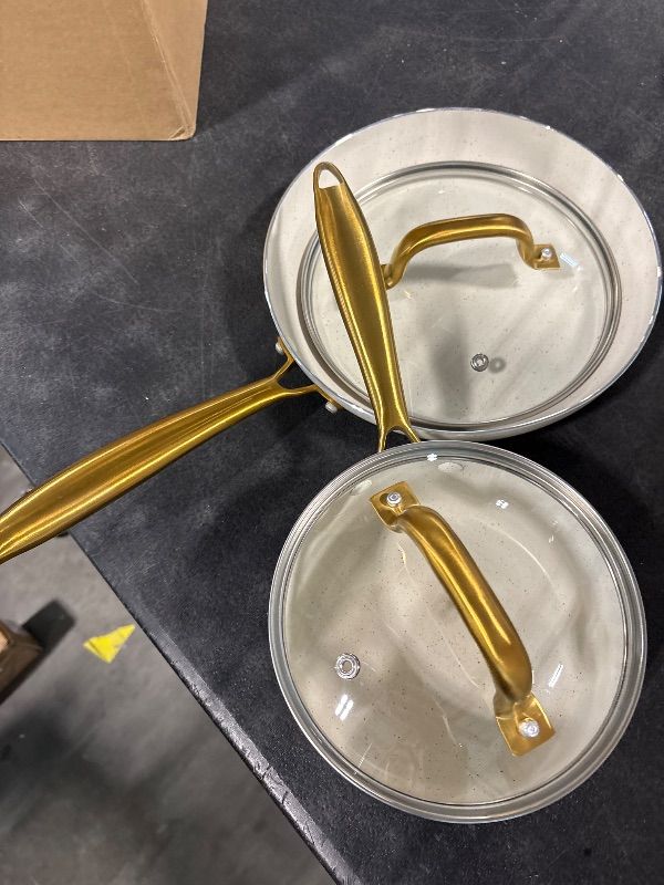 Photo 1 of **MISSING PARTS**
M MELENTA Pots and Pans Set Non Stick, 7 Piece White Granite Induction Cookware Set, Nonstick Kitchen Cooking Set with Gold Handle and Utensil, Oven Safe (PFOS, PFOA Free)