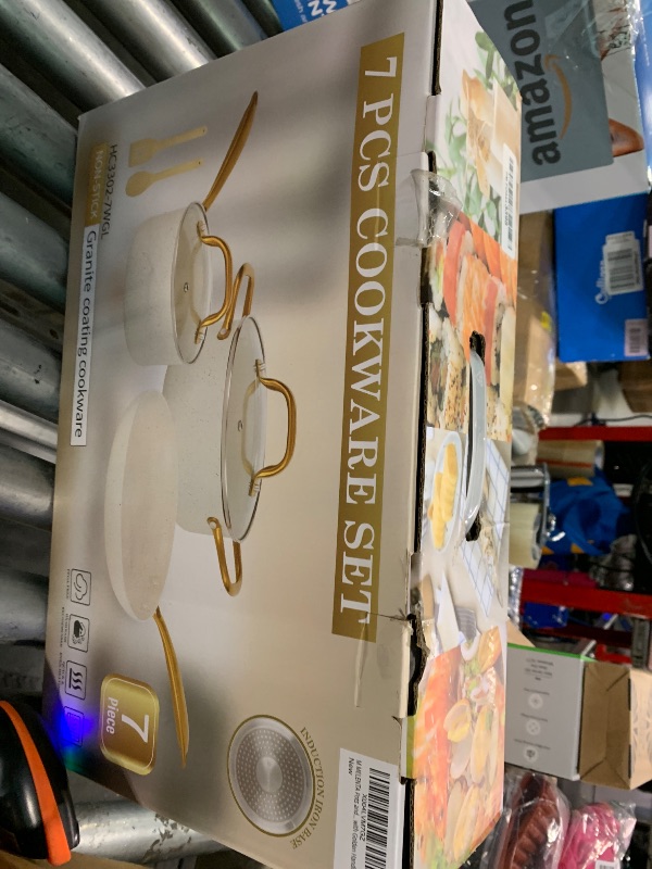 Photo 1 of **MISSING PARTS**
M MELENTA Pots and Pans Set Non Stick, 7 Piece White Granite Induction Cookware Set, Nonstick Kitchen Cooking Set with Gold Handle and Utensil, Oven Safe (PFOS, PFOA Free)