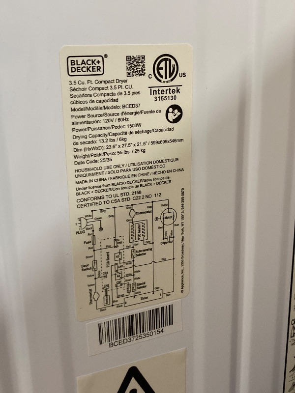 Photo 1 of ** USED / UNTESTED *** BLACK+DECKER BCED37 Compact Dryer for Standard Wall Outlet, Small, 4 Modes, Load Volume 13.2 lbs., White