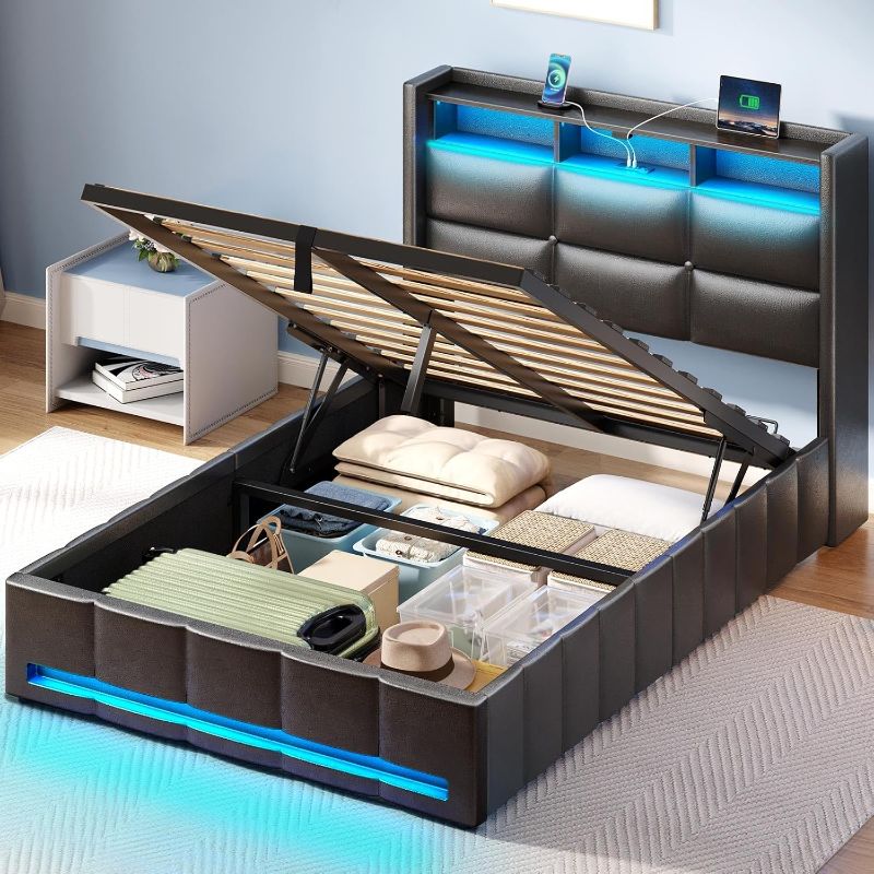 Photo 1 of **unknown if complete**  Rolanstar Bed Frame Twin Size with Lift Up Storage, Charging Station & LED Lights, Upholstered Storage Headboard, Heavy Duty Wooden Slats, No Box Spring Needed, Noise Free, Easy Assembly, Black