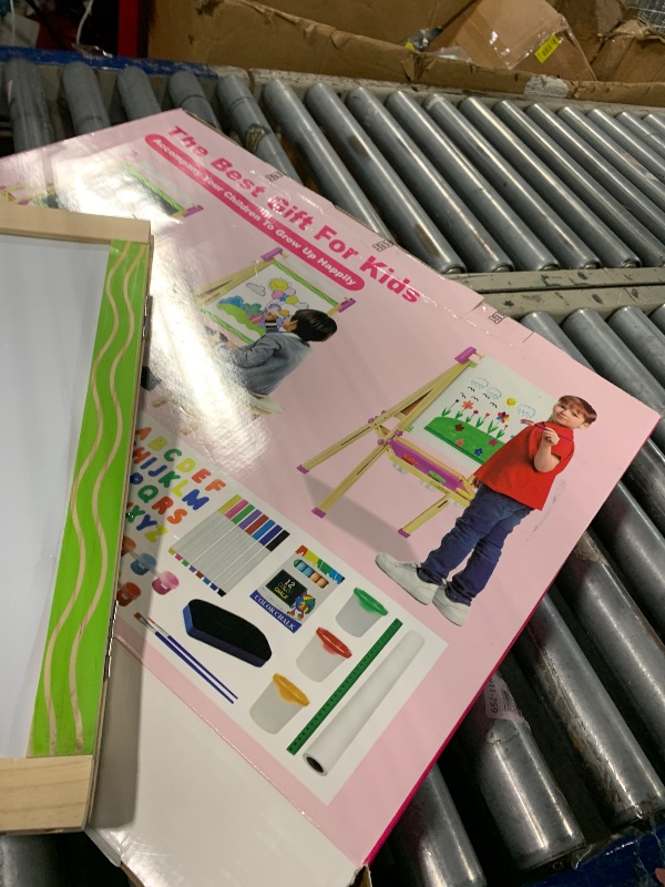 Photo 1 of **MISSING PIECES UNKNOWN**Doselie Easel for Kids,Adjustable Wooden Kids Art Easel with Paper Roll,Double-Sided Magnetic Toddler Easels,Dry Erase Whiteboard and Chalk Board,Toys for 3 4 5 6 7 8 9 10 Year Old Girl Boy Gift