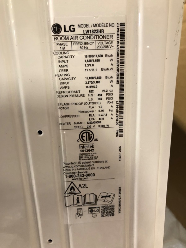 Photo 1 of ******FACTORY SEALED*****LG 18,000 BTU Window Air Conditioner with Heat, 230/208V, Cools 1,000 Sq.Ft. for Bedroom, Living Room, Basement, Apartment, with Remote, 2 Speeds, 24-Hour Timer, White