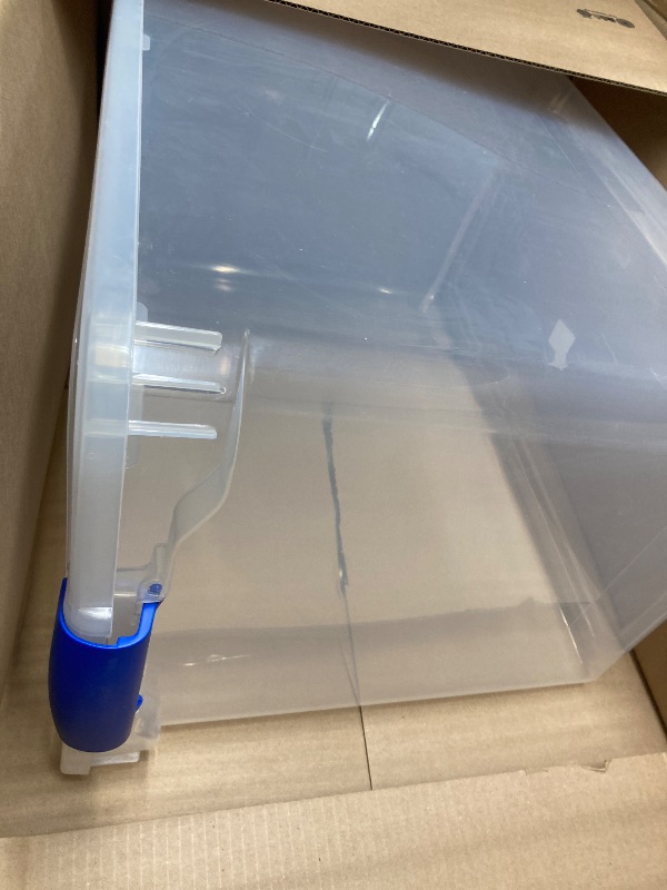 Photo 1 of ***ONLY ONE***

HOMZ 1-Pack Latching Lid, Clear Plastic Storage Organizer Bins, 112 Quart, Blue Latch - Stackable Organizing Containers for Home, Garage, and Office